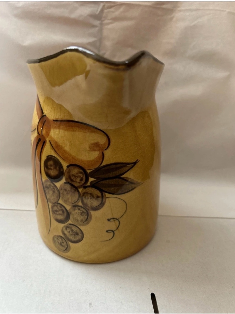 Yellow Ceramic Pitcher with Fruit and Bow Motif - Picture 2 of 10